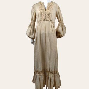 Vintage 1970s Natural Muslin Prairie Dress Crochet Lace Poet Sleeves Pink Roses